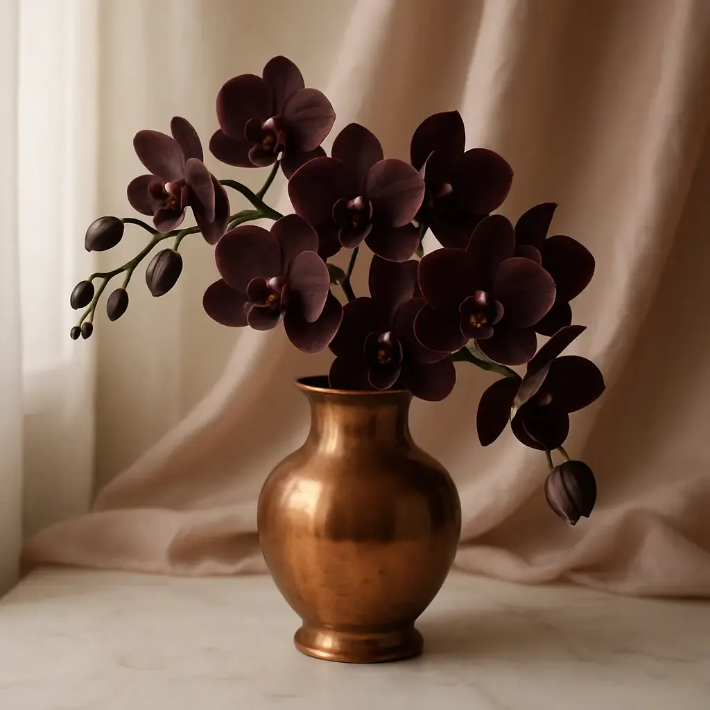 Orchid stem and copper vessel in evening light