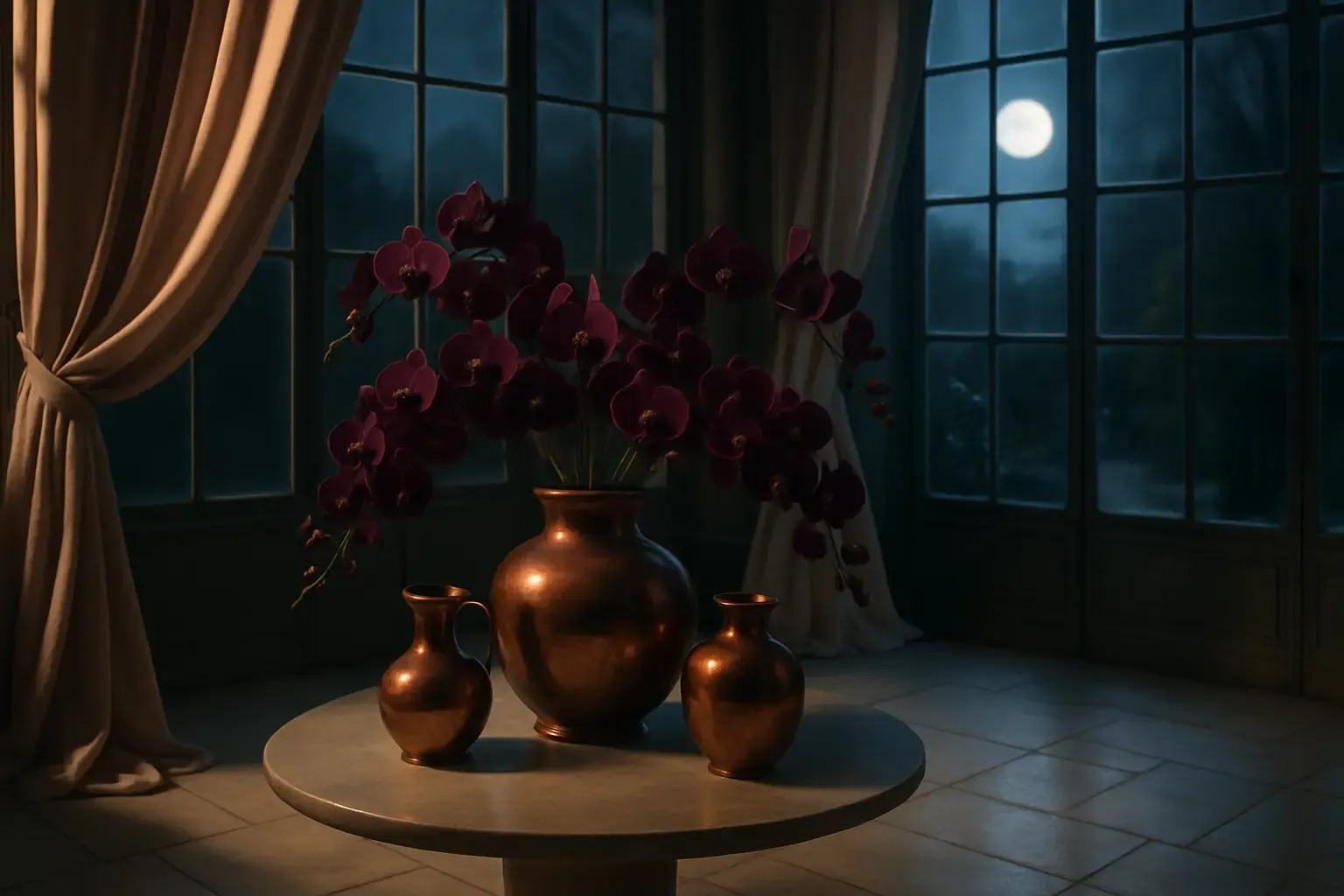 Plum orchids in a copper vessel against bone linen